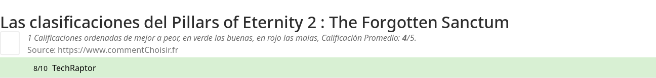 Ratings Pillars of Eternity 2 : The Forgotten Sanctum